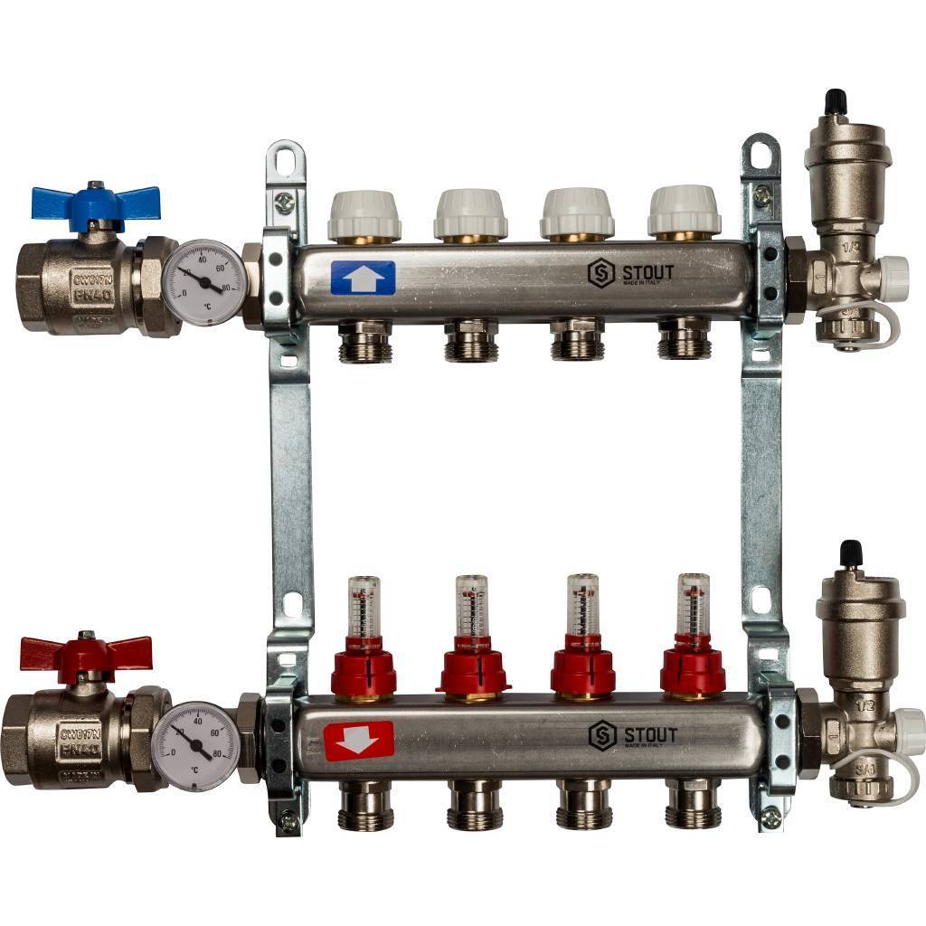 Купить SMS 0907 000004 STOUT  Коллектор из нержавеющей стали в сборе с расходомерами 4 вых. STOUT по лучшей цене с доставкой - интернет-магазин Прогрессивные решения