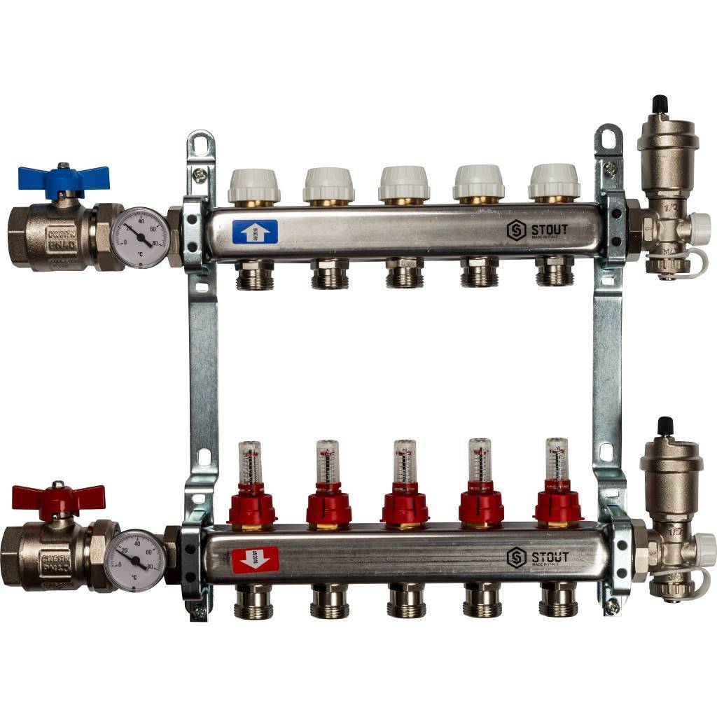 Купить SMS 0907 000005 STOUT  Коллектор из нержавеющей стали в сборе с расходомерами 5 вых. STOUT по лучшей цене с доставкой - интернет-магазин Прогрессивные решения