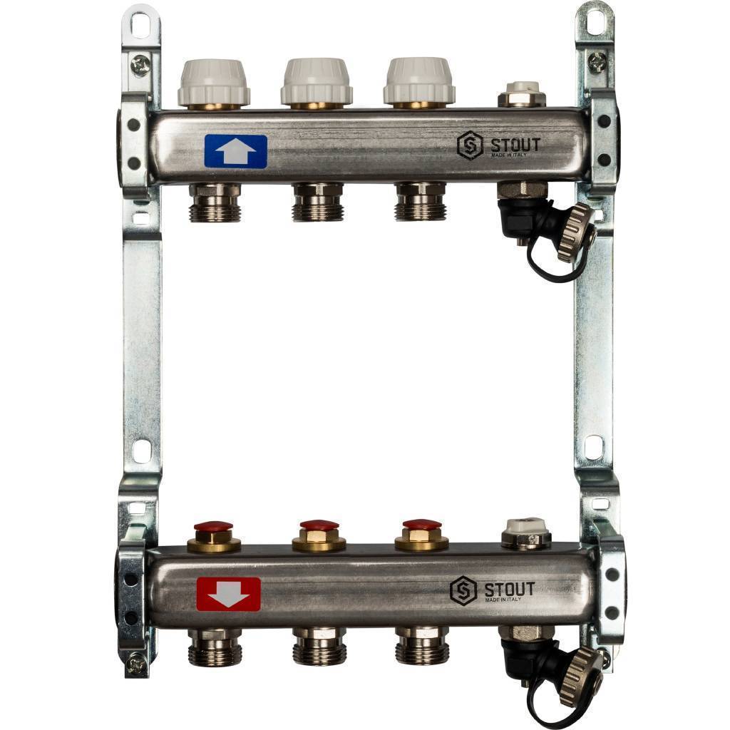 Купить SMS-0932-000003 STOUT  Коллектор из нержавеющей стали без расходомеров, с клапаном вып. воздуха и сливом 3 вых. STOUT по лучшей цене с доставкой - интернет-магазин Прогрессивные решения