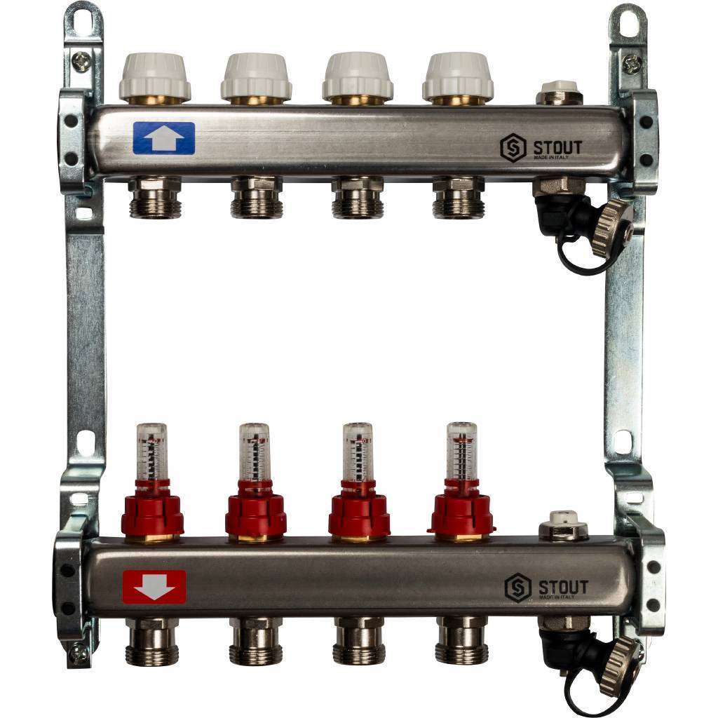 Купить SMS-0927-000004 STOUT  Коллектор из нержавеющей стали с расходомерами, с клапаном вып. воздуха и сливом 4 вых. STOUT по лучшей цене с доставкой - интернет-магазин Прогрессивные решения