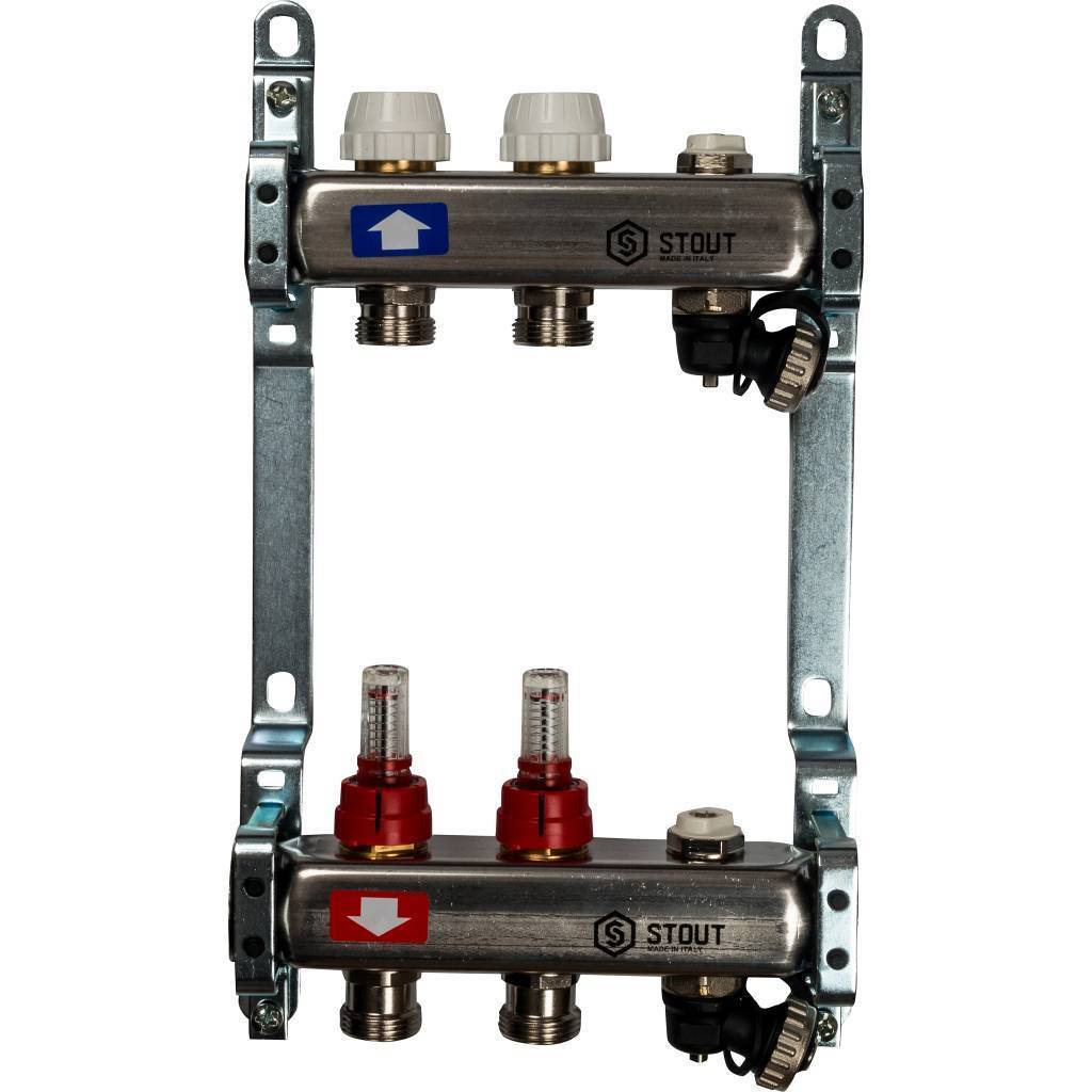 Купить SMS-0927-000002 STOUT  Коллектор из нержавеющей стали с расходомерами, с клапаном вып. воздуха и сливом 2 вых. STOUT по лучшей цене с доставкой - интернет-магазин Прогрессивные решения