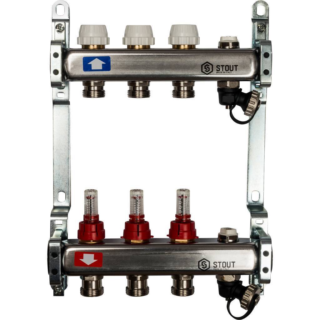 Купить SMS-0927-000003 STOUT  Коллектор из нержавеющей стали с расходомерами, с клапаном вып. воздуха и сливом 3 вых. STOUT по лучшей цене с доставкой - интернет-магазин Прогрессивные решения