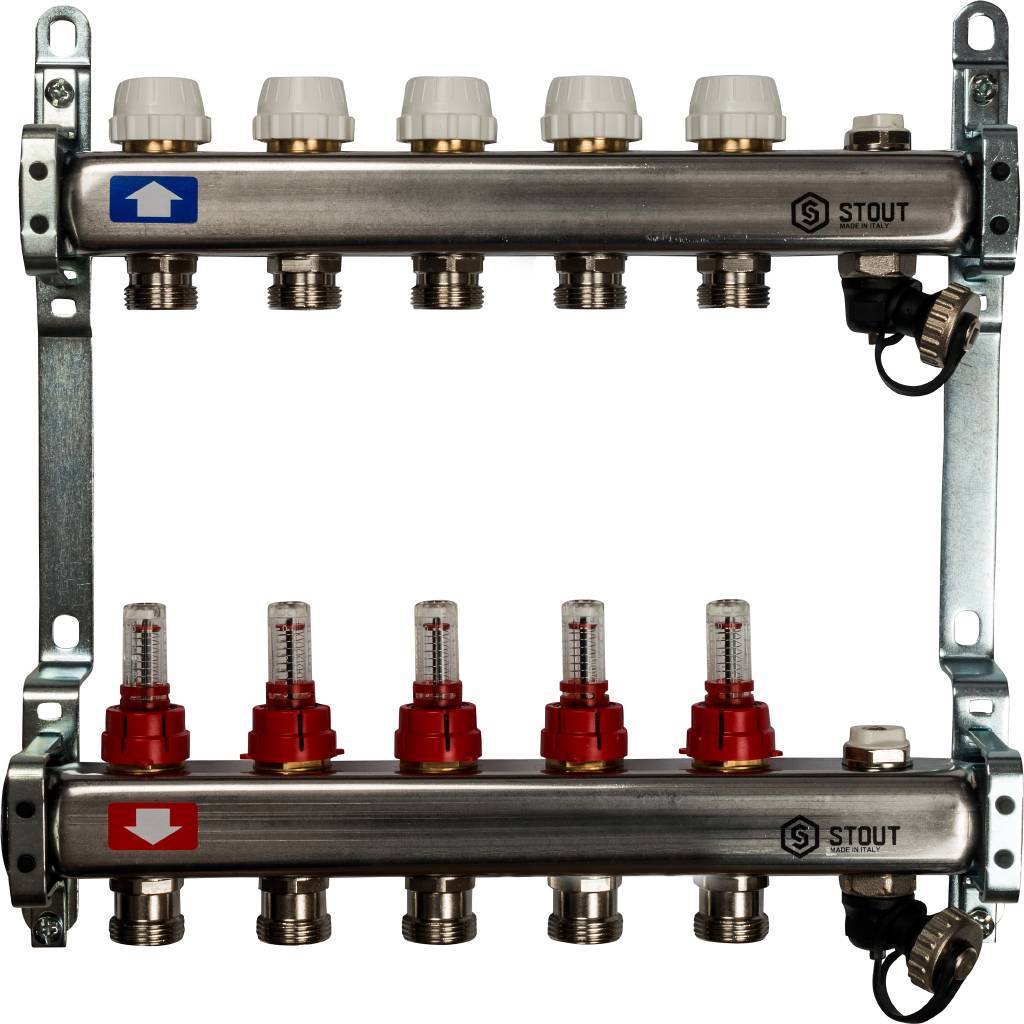 Купить SMS-0927-000005 STOUT  Коллектор из нержавеющей стали с расходомерами, с клапаном вып. воздуха и сливом 5 вых. STOUT по лучшей цене с доставкой - интернет-магазин Прогрессивные решения