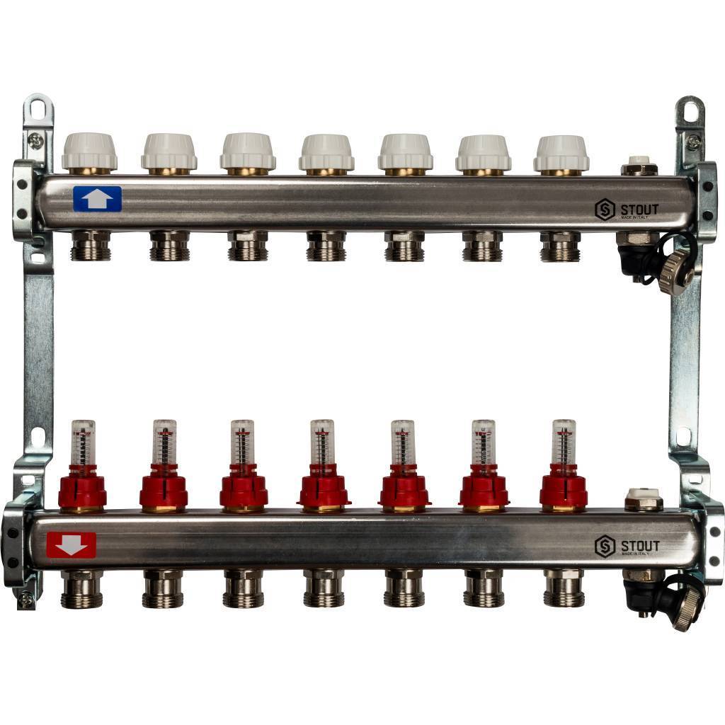 Купить SMS-0927-000007 STOUT  Коллектор из нержавеющей стали с расходомерами, с клапаном вып. воздуха и сливом 7 вых. STOUT по лучшей цене с доставкой - интернет-магазин Прогрессивные решения