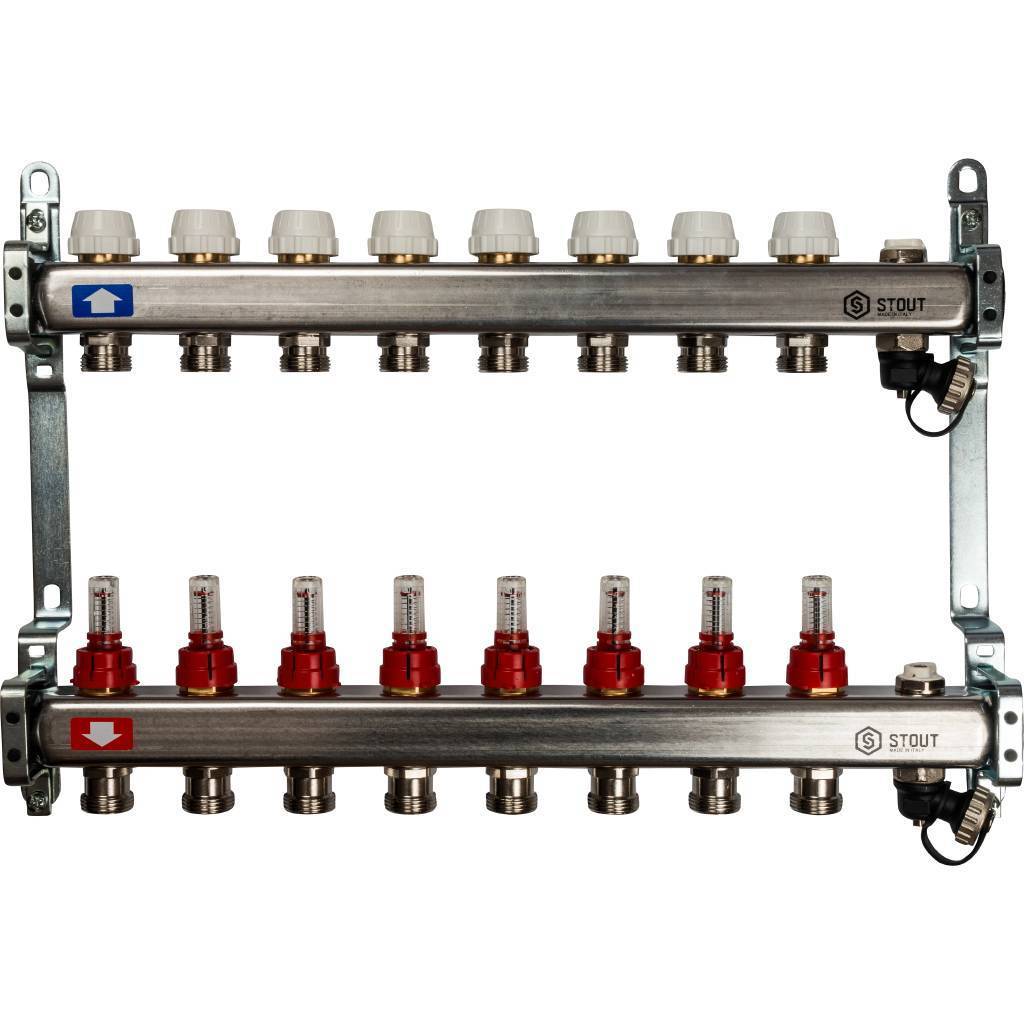 Купить SMS-0927-000008 STOUT  Коллектор из нержавеющей стали с расходомерами, с клапаном вып. воздуха и сливом 8 вых. STOUT по лучшей цене с доставкой - интернет-магазин Прогрессивные решения