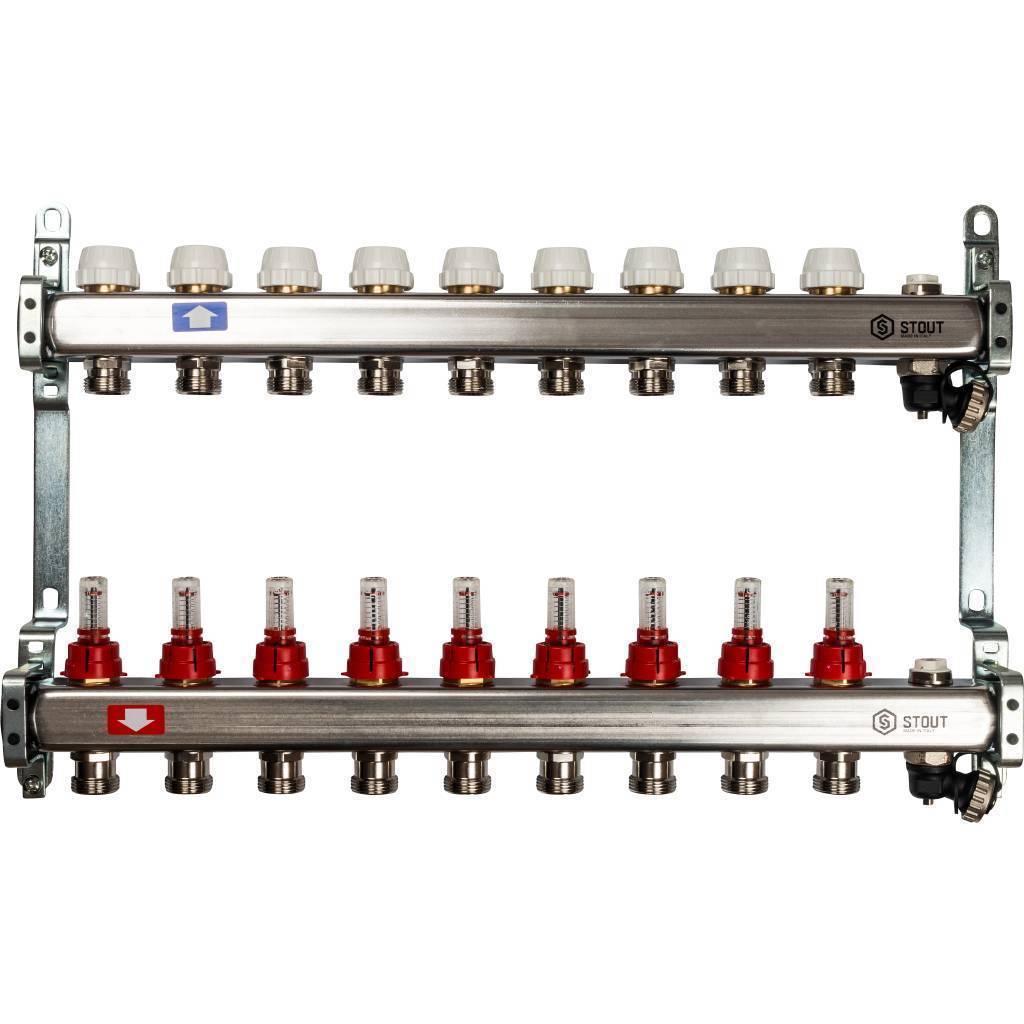 Купить SMS-0927-000009 STOUT  Коллектор из нержавеющей стали с расходомерами, с клапаном вып. воздуха и сливом 9 вых. STOUT по лучшей цене с доставкой - интернет-магазин Прогрессивные решения