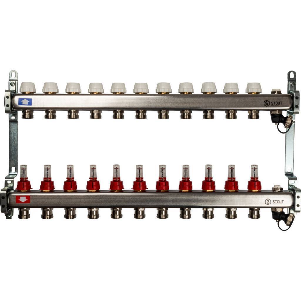 Купить SMS-0927-000011 STOUT  Коллектор из нержавеющей стали с расходомерами, с клапаном вып. воздуха и сливом 11 вых. STOUT по лучшей цене с доставкой - интернет-магазин Прогрессивные решения