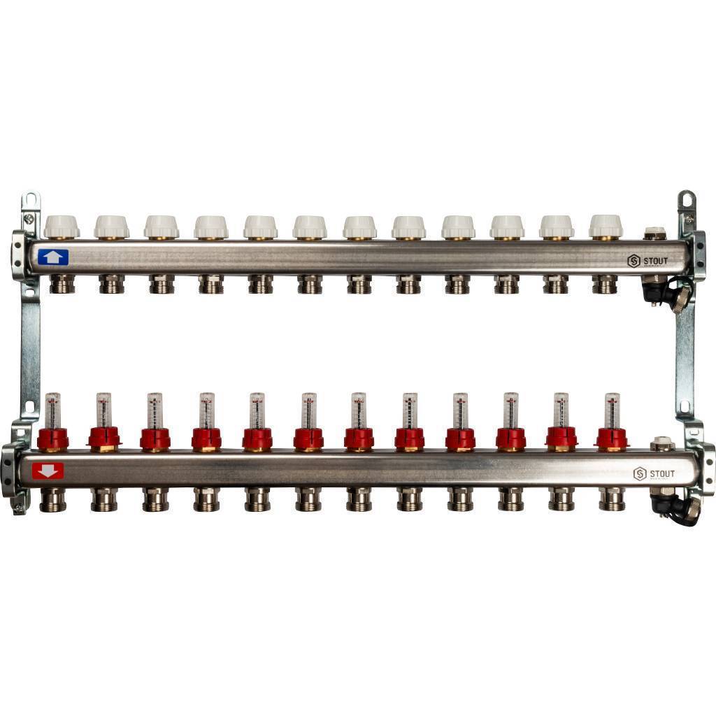 Купить SMS-0927-000012 STOUT  Коллектор из нержавеющей стали с расходомерами, с клапаном вып. воздуха и сливом 12 вых. STOUT по лучшей цене с доставкой - интернет-магазин Прогрессивные решения