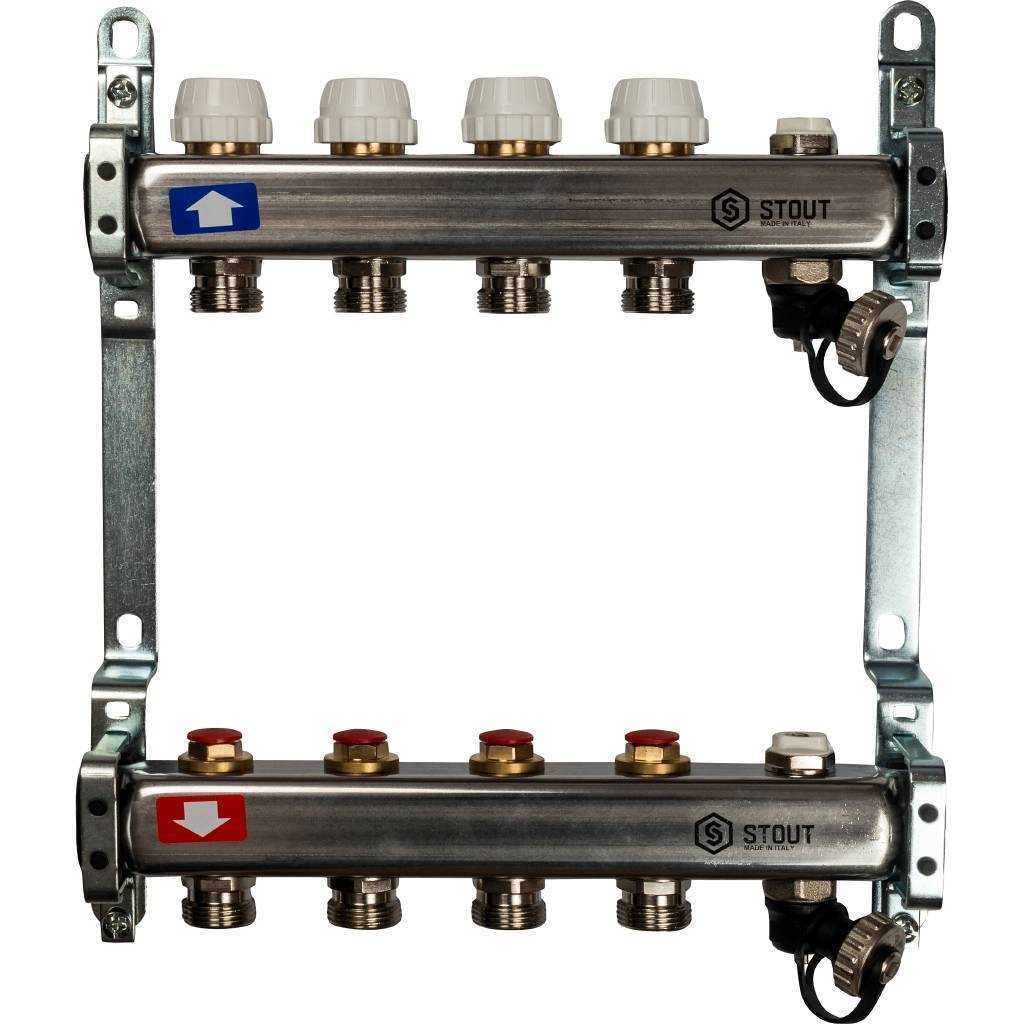 Купить SMS-0932-000004 STOUT  Коллектор из нержавеющей стали без расходомеров, с клапаном вып. воздуха и сливом 4 вых. STOUT по лучшей цене с доставкой - интернет-магазин Прогрессивные решения