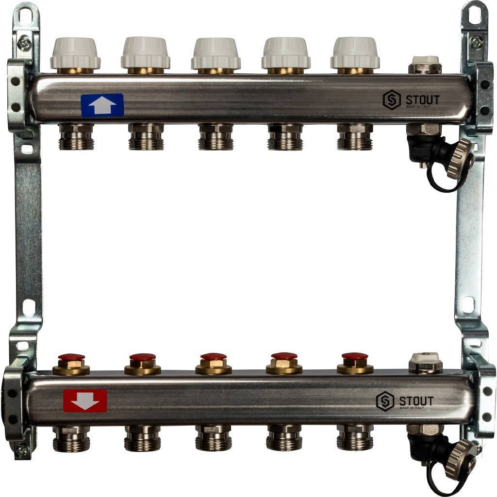 Купить SMS-0932-000005 STOUT  Коллектор из нержавеющей стали без расходомеров, с клапаном вып. воздуха и сливом 5 вых. STOUT по лучшей цене с доставкой - интернет-магазин Прогрессивные решения