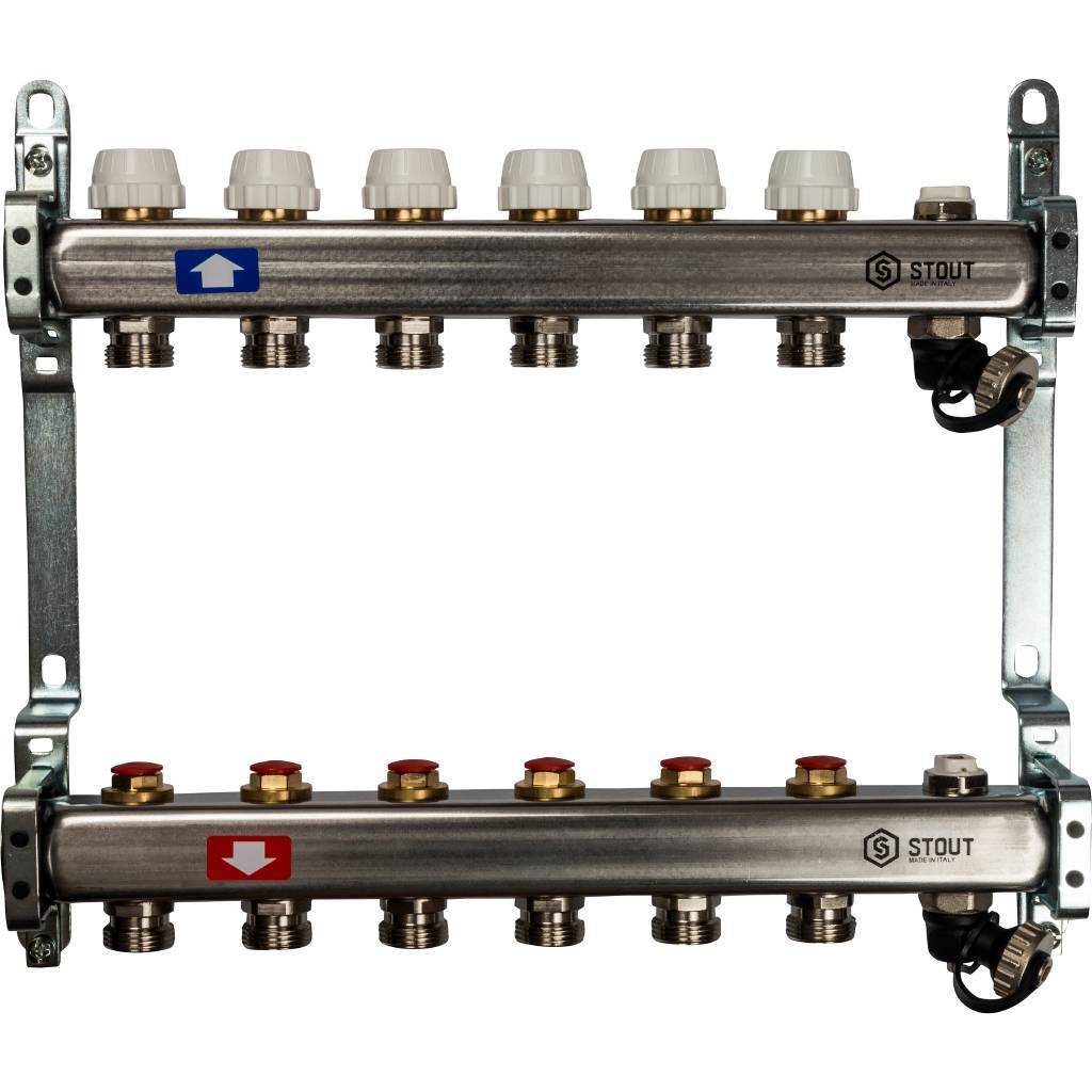 Купить SMS-0932-000006 STOUT  Коллектор из нержавеющей стали без расходомеров, с клапаном вып. воздуха и сливом 6 вых. STOUT по лучшей цене с доставкой - интернет-магазин Прогрессивные решения