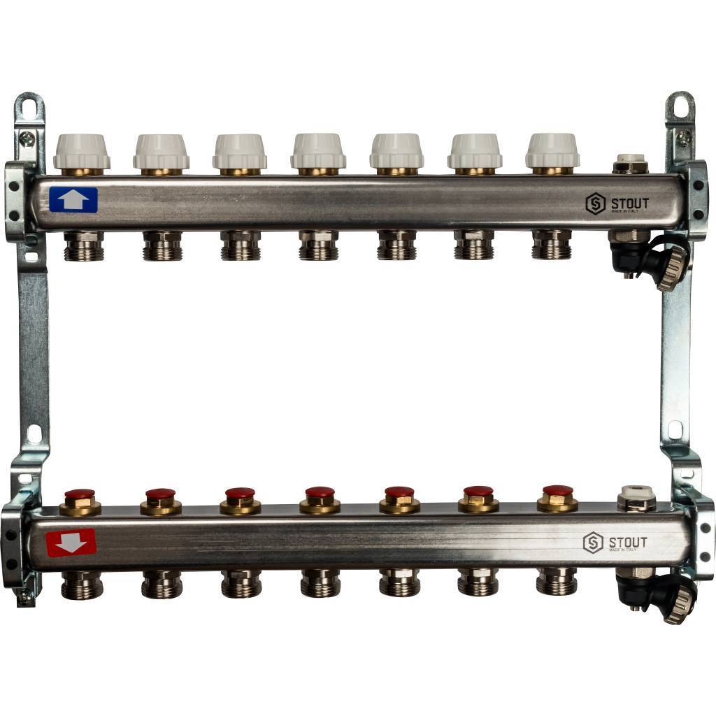 Купить SMS-0932-000007 STOUT  Коллектор из нержавеющей стали без расходомеров, с клапаном вып. воздуха и сливом 7 вых. STOUT по лучшей цене с доставкой - интернет-магазин Прогрессивные решения