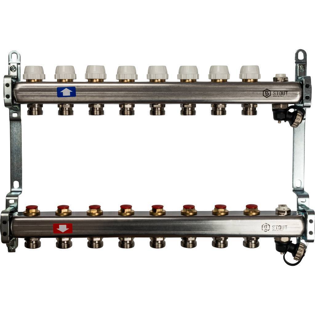 Купить SMS-0932-000008 STOUT  Коллектор из нержавеющей стали без расходомеров, с клапаном вып. воздуха и сливом 8 вых. STOUT по лучшей цене с доставкой - интернет-магазин Прогрессивные решения