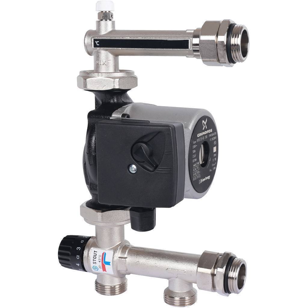 Купить SDG-0120-005001 STOUT  Насосно-смесительный узел с термостатическим клапаном 20-43°C жидкокристаллическим термометром, с насосом UPSO 25-65, 130 mm STOUT по лучшей цене с доставкой - интернет-магазин Прогрессивные решения