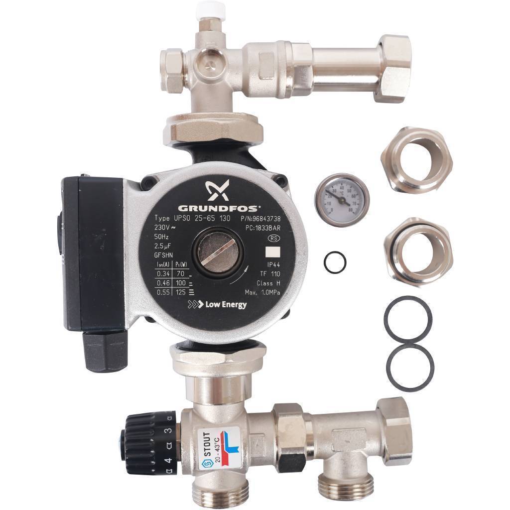 Купить *SDG-0120-004001 STOUT  Насосно-смесительный узел с термостатическим клапаном 20-43°C, с насосом UPSO 25-65, 130 mm STOUT по лучшей цене с доставкой - интернет-магазин Прогрессивные решения