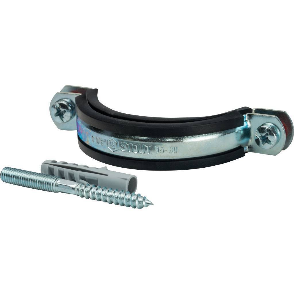 Купить SAC-0020-100212 STOUT SAC-0020-Комплекты Хомут для труб, комплект: хомут+шпилька шуруп +дюбель пластиковый 2 1/2"(75-80) STOUT по лучшей цене с доставкой - интернет-магазин Прогрессивные решения