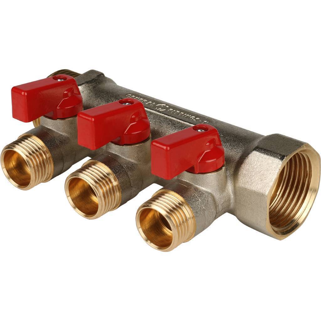 Купить SMB 6200 011203 STOUT  Коллектор с шаровыми кранами 1", 3 отвода 1/2" (красные ручки) STOUT по лучшей цене с доставкой - интернет-магазин Прогрессивные решения