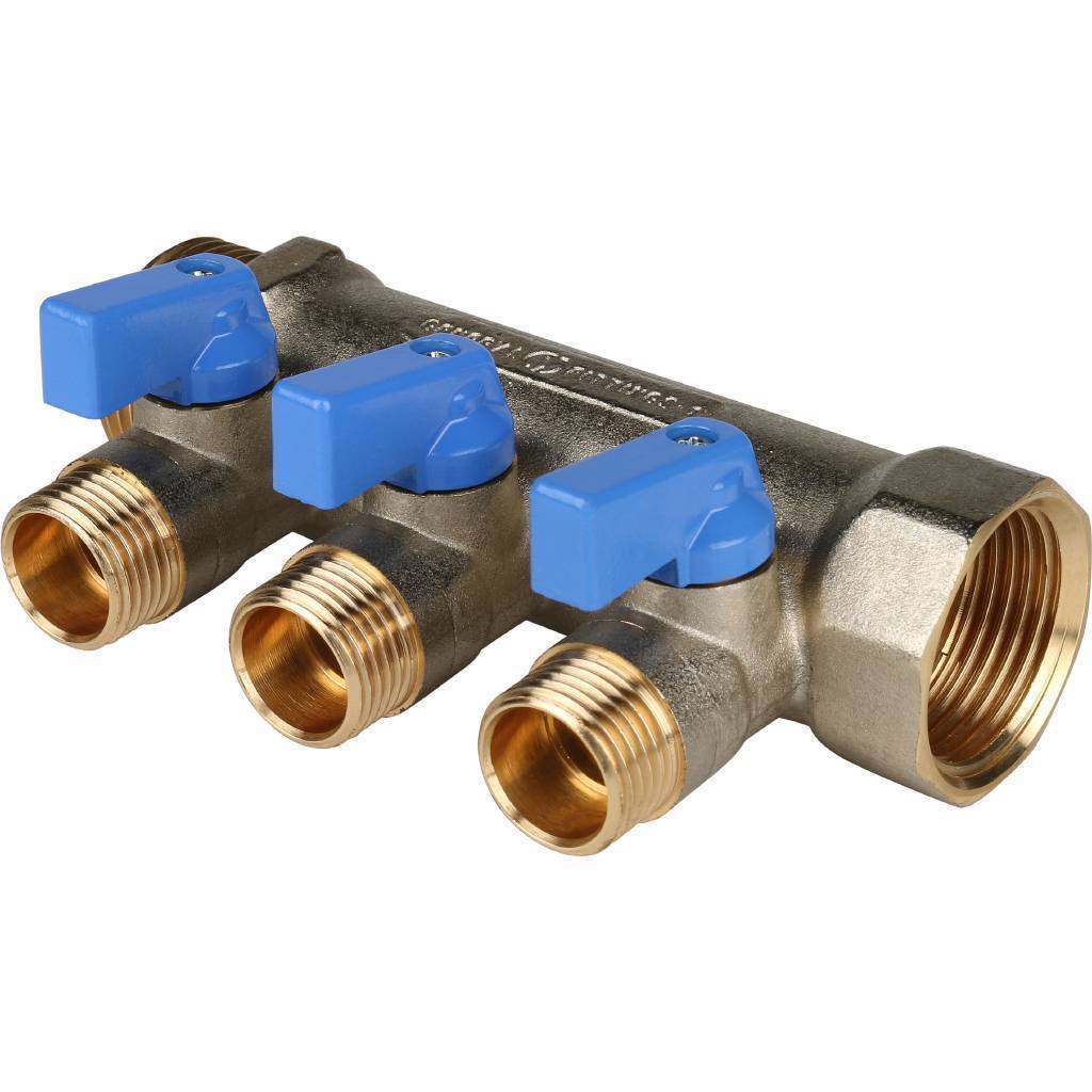 Купить SMB 6201 011203 STOUT  Коллектор с шаровыми кранами 1", 3 отвода 1/2" (синие ручки) STOUT по лучшей цене с доставкой - интернет-магазин Прогрессивные решения