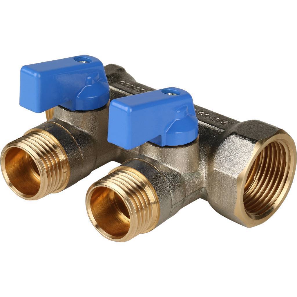 Купить SMB 6201 341202 STOUT  Коллектор с шаровыми кранами 3/4", 2 отвода 1/2" (синие ручки) STOUT по лучшей цене с доставкой - интернет-магазин Прогрессивные решения